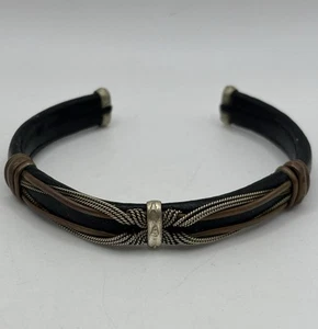 Leather Copper Silver Toned Tooled Metal Wrapped Native American VTG Cuff - Picture 1 of 8