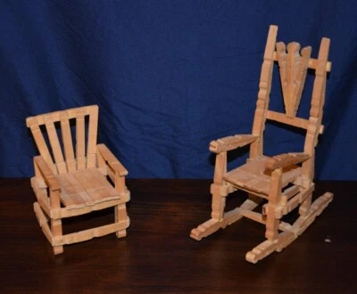 Vintage Handmade Folk Art Doll Wooden Clothespin Chair and Rocking Chair Lot  - Image 1 of 4