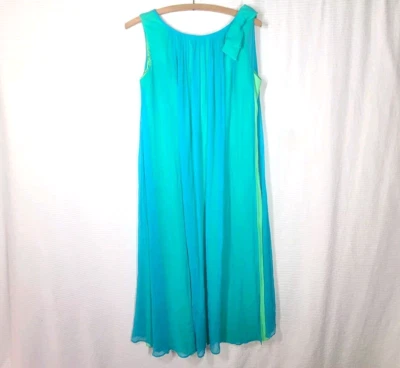 Vestido De Colección Años 60 Transparente Superpuesto Verde Lima Azul Teal Seda Crepé Vestido S M Mod Pinup Foto 1 de 4