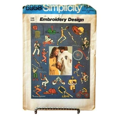Simplicity Embroidery Design Transfers Pattern Sports Motif 6958 VTG 70s UNCUT - Image 1 of 4