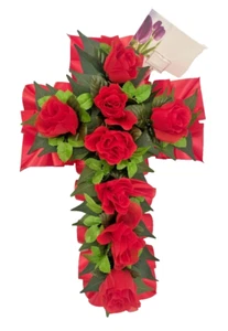 Funeral Flower Rose Cross Silk Artificial Tribute Memorial Arrangement Wreath - Picture 1 of 7
