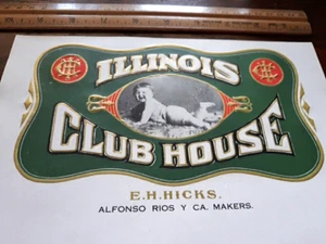 VINTAGE CIGAR BOX TOBACCO Label advertising ILLINOIS CLUB HOUSE CIGARS gold art - Picture 1 of 5