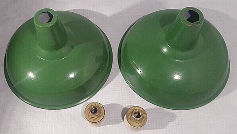 Two Antique Benjamin Green Enameled 8 x 14 Pendant Industrial Gas Station Lights Cover