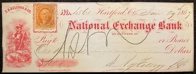 1867 **E.N. KELLOGG & CO.** HARTFORD, CT BANK CHECK+VIGNETTE+SCOTT# R15c STAMP! - Image 1 of 4