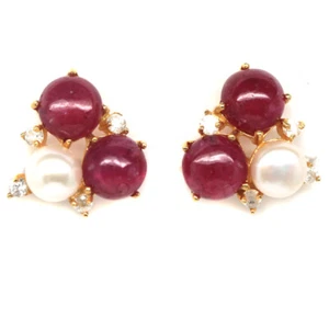925 Plata de Ley 18K Oro Chapado 8Mm. Rosa Rubí, Perla Y Circonita Pendientes - Imagen 1 de 4