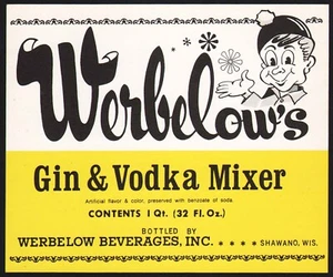 Vintage soda pop bottle label WERBELOWS GIN VODKA MIXER leprechaun Shawano Wisc - Picture 1 of 2