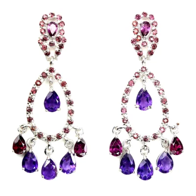 PENDIENTES COLGANTES AMATISTA Y RODOLITA GRANATE PLATA DE LEY .925 14K WGP Foto 1 de 3