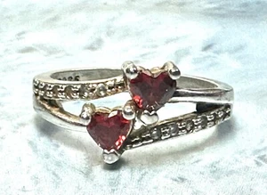Vintage Sterling Silver & Red Rhinestone Heart Ring, S925, size 6 - Picture 1 of 12