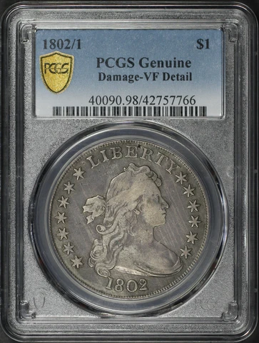 1802/1 Draped Bust Dollar PCGS VF Details Damage Cover