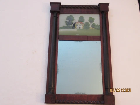 Antique Trumeau Mirror with Reverse Painting of Cottage late 19th c. Orig Mirror Cover