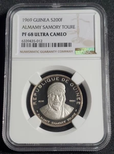 1969 GUINEA SILVER 200 FRANCS ALMANY SAMONY TOURE NGC PF 68 ULTRA CAMEO - Picture 1 of 7