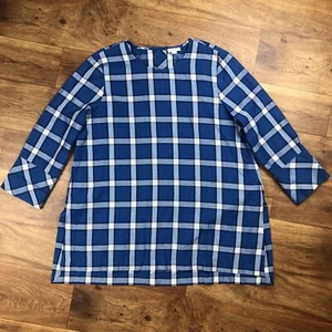 J Jill Women Sz L Blue Atlantic Plaid 3/4 Sleeve Button Back Tunic Blouse - Picture 1 of 10