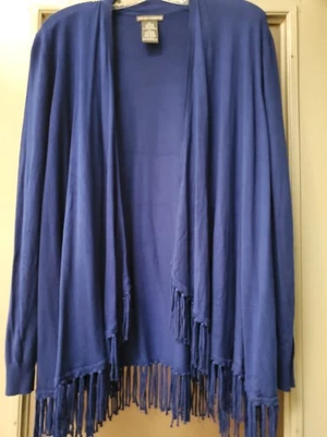 Chelsea & Theodore Size L Cobalt Blue Open Front Fringed Knit Cardigan - Image 1 of 4