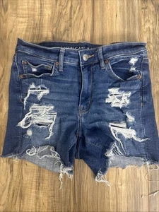 American Eagle Women's Shorts Size 6 Next Level Stretch Dark Wash Blue Ripped - Picture 1 of 10