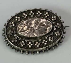 Antique Victorian Sterling Silver Oval Engraved Brooch Pin w Beading-1886-1.75”  - Picture 1 of 8