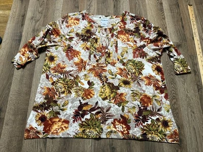 Bon Worth Blouse, Women's XL Brown Red Orange Green Floral 3/4 Sleeve 1/4 Button - Image 1 of 4