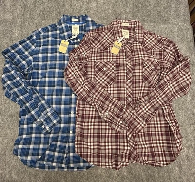 Lot Of 2 Fossil Men’s Pearl Snap And Button Up Shirts Blue Red Plaid NWT Western - Image 1 of 4