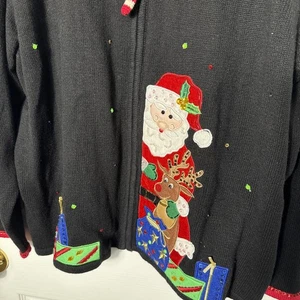 Maglione Natalizio Vintage Tiara Intl Nero Zip Paillettes Candy Cane Babbo Natale 26/28 - Foto 1 di 5