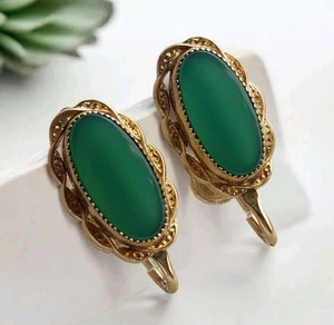 Vintage 1/20 12K Gold Filled Green Cabochon Stone ScrewBack Earrings  - Picture 1 of 16