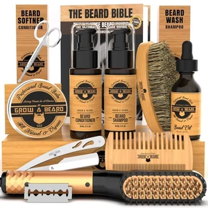 Beard Straightener Grooming Kit for Men, Beard Growth Kit, Wash, Brush & Comb... - Picture 1 of 6