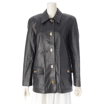 Salvatore Ferragamo Cuero Dorado Metal Gancini Chaqueta Exterior Negro 42 Foto 1 de 4