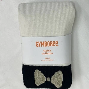 NWT Gymboree Girls Tights Black Cream Gold Bow Small 5 6 - Picture 1 of 3