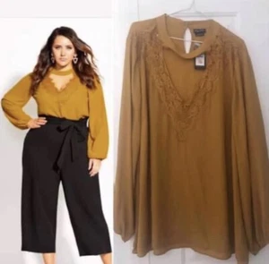 City Chic Lace Embrace Gold Mustard Top Size 22 Ladies - Picture 1 of 1
