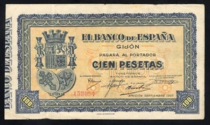 1937 SPAIN 100 PESETAS BANKNOTE - ALMOST UNCIRCULATED - SN: 153097 - P-S580 - Picture 1 of 2