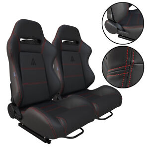 2 Tanaka Black PVC Leather + Red Stitch Racing Seat RECLINABLE For Ford **
