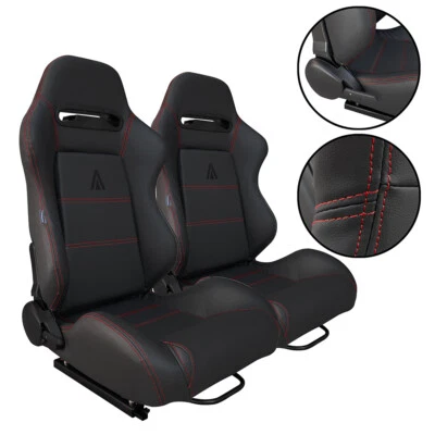 2 Tanaka Black PVC Leather + Red Stitch Racing Seat RECLINABLE For Ford ** - Image 1 of 4