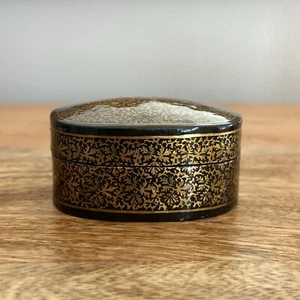 VTG Lacquer Trinket Box Paper Mache Handmade & Hand Painted Black & Gold Leaf - Picture 1 of 8