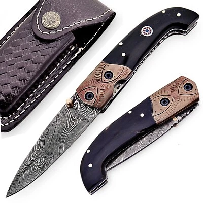 Aisha Tech Custom Hand made pocket knives Damascus Blade Horn handle AT-2796 - Image 1 of 4