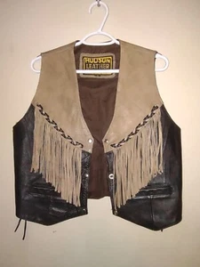 Women's Hudson Leather Genuine Leather Brown/Black Size L Fringe Biker Vest - Picture 1 of 10