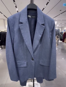 ZARA BNWT 2025. BLUE INDIGO STRAIGHT BLAZER PADDED SHOULDERS. 2023/769/200 - Picture 1 of 9
