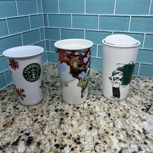 STARBUCKS 2015 Paint, Snowflake, Girl  Ceramic Travel Tumbler Mug 12 oz LOT - Picture 1 of 6