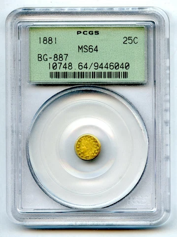 1881 California Gold Twenty Five Cent 25c Coin PCGS MS 64 Cover