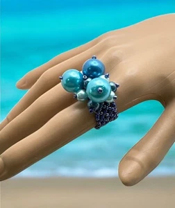 Vintage Handcrafted Blue Beaded Cluster Statement Ring Stretch Beach Boho - Picture 1 of 6