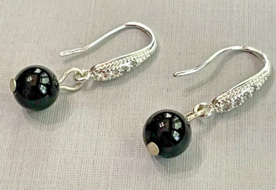 Pendientes de cuentas de ónix negro 8 mm circonita cúbica gancho colgante plata joyería regalo NUEVO Foto 1 de 4