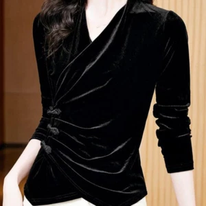 Chinese Lady Velvet Shirt Velour Top Blouse Frog Button V Neck Ethnic Vintage - Picture 1 of 9