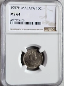 Malaya 10 Cents 1957H NGC MS 64 - Picture 1 of 2