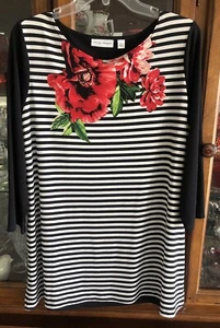 Susan Graver Tunic Top Black/ White Striped Red Floral Neckline Women Large EUC - Picture 1 of 12