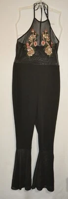 Boohoo Mujer Negro Cuello Halter Floral Lentejuelas Acampanado Mono Reino Unido Talla 10 Foto 1 de 3