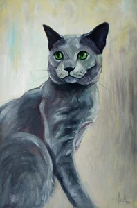 Original Painting Gray Green Eyed Cat 12x8 Inch Animal Art Modern Painting - Picture 1 of 7