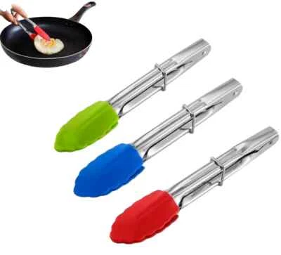 3 x Salad Tong Serving Tongs BBQ Stainless Steel Kitchen Cooking Silicone Tip - Image 1 of 2