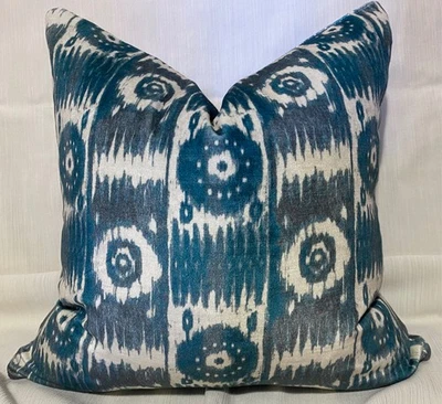 20”sq Custom Pillow Cover w/ FABRICUT Timur Ikat Aegean Velvet Ikat Fabric - Image 1 of 4