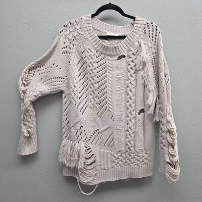 Easel Sweater Womens Small Beige Distressed Chunky Knit Pullover Frayed Grunge - Image 1 of 4