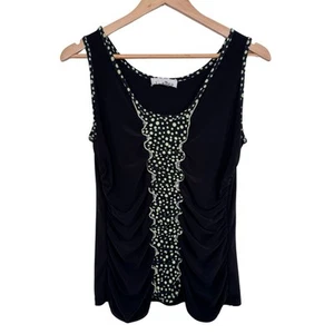 Joseph Ribkoff Polka Dot Vest Top Size UK 12 Black Yellow Stretchy Ruched Frills - Picture 1 of 5