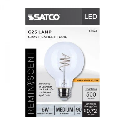 Satco S11522 - 6 Watt LED G25 Coil Vintage Light Bulbs - 2700K (2,6, or 12 PK) - Image 1 of 4