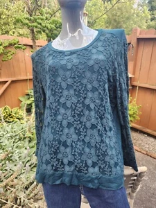 Top donna Adrianna Papell taglie forti XXL verde scuro pizzo manica lunga - Foto 1 di 4