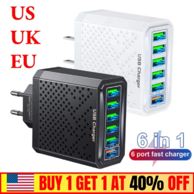 Cargador de pared con concentrador USB de carga rápida de 6 puertos múltiples Reino Unido EE. UU. UE adaptador teléfono - Imagen 1 de 4